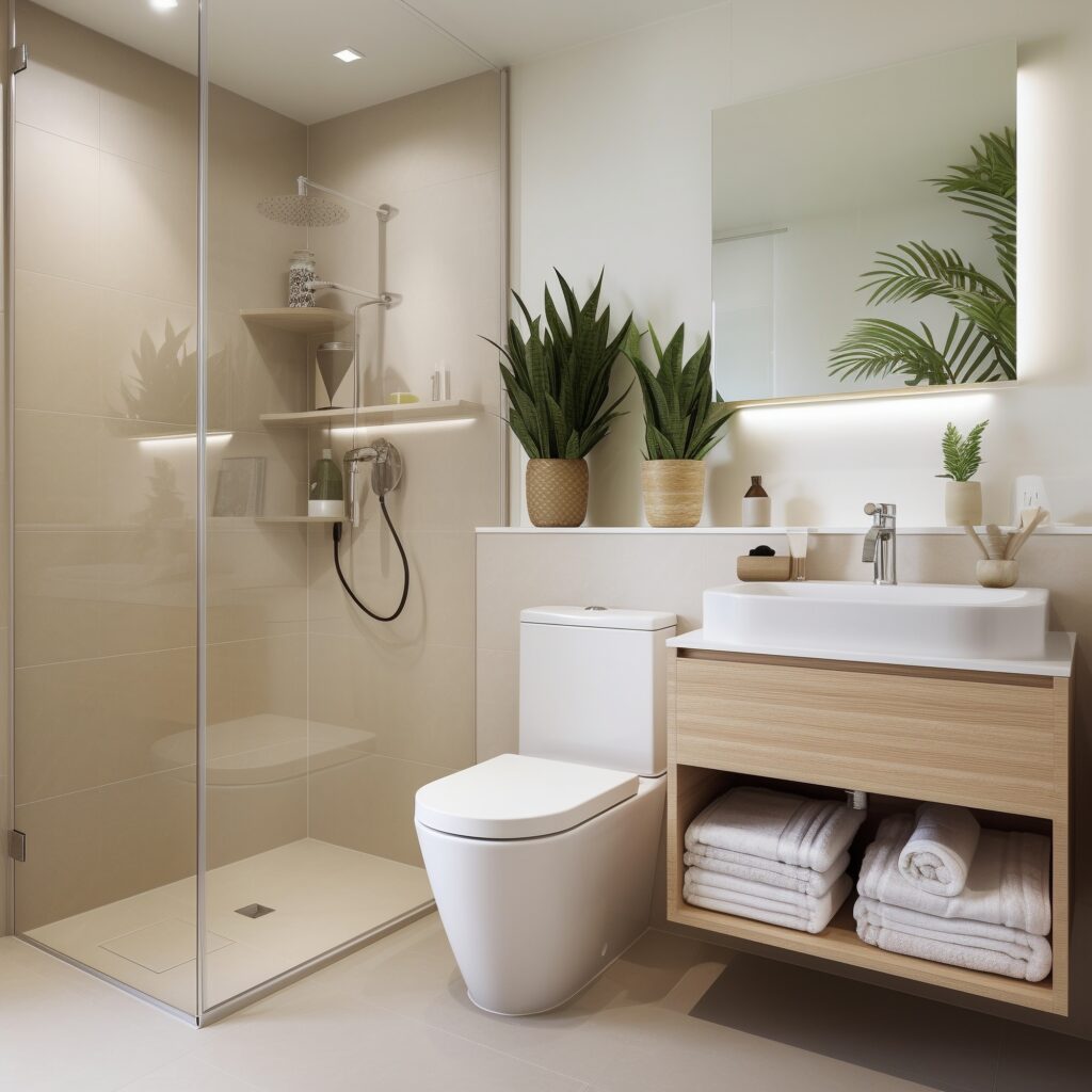 Salle de bain moderne beige avec douche italienne, toilette et vasque sur meuble bois