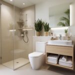 Salle de bain moderne beige avec douche italienne, toilette et vasque sur meuble bois